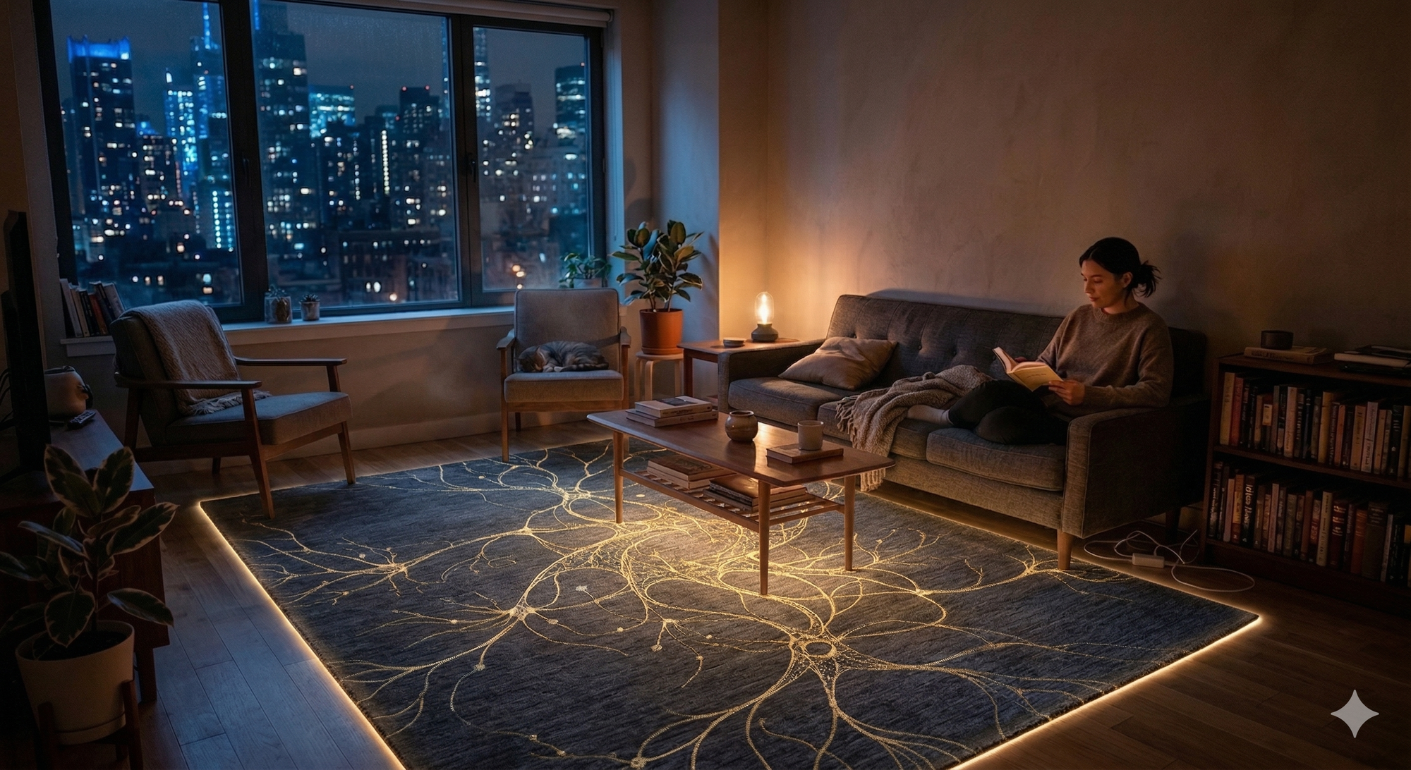 Woman reading on a couch in a dim living room at night, beside a rug woven with a glowing gold neural network pattern.