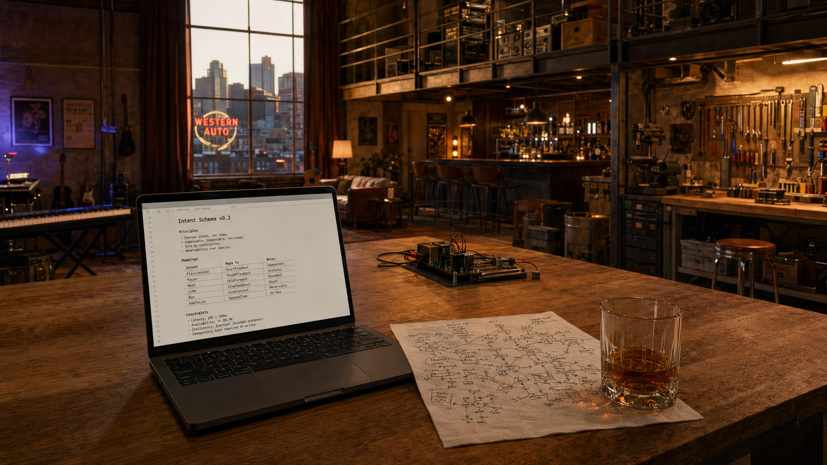 Cinematic golden-hour loft workshop with laptop, napkin system diagram and bourbon in foreground, layered against tools, music gear, bar, and KC skyline with Western Auto sign.