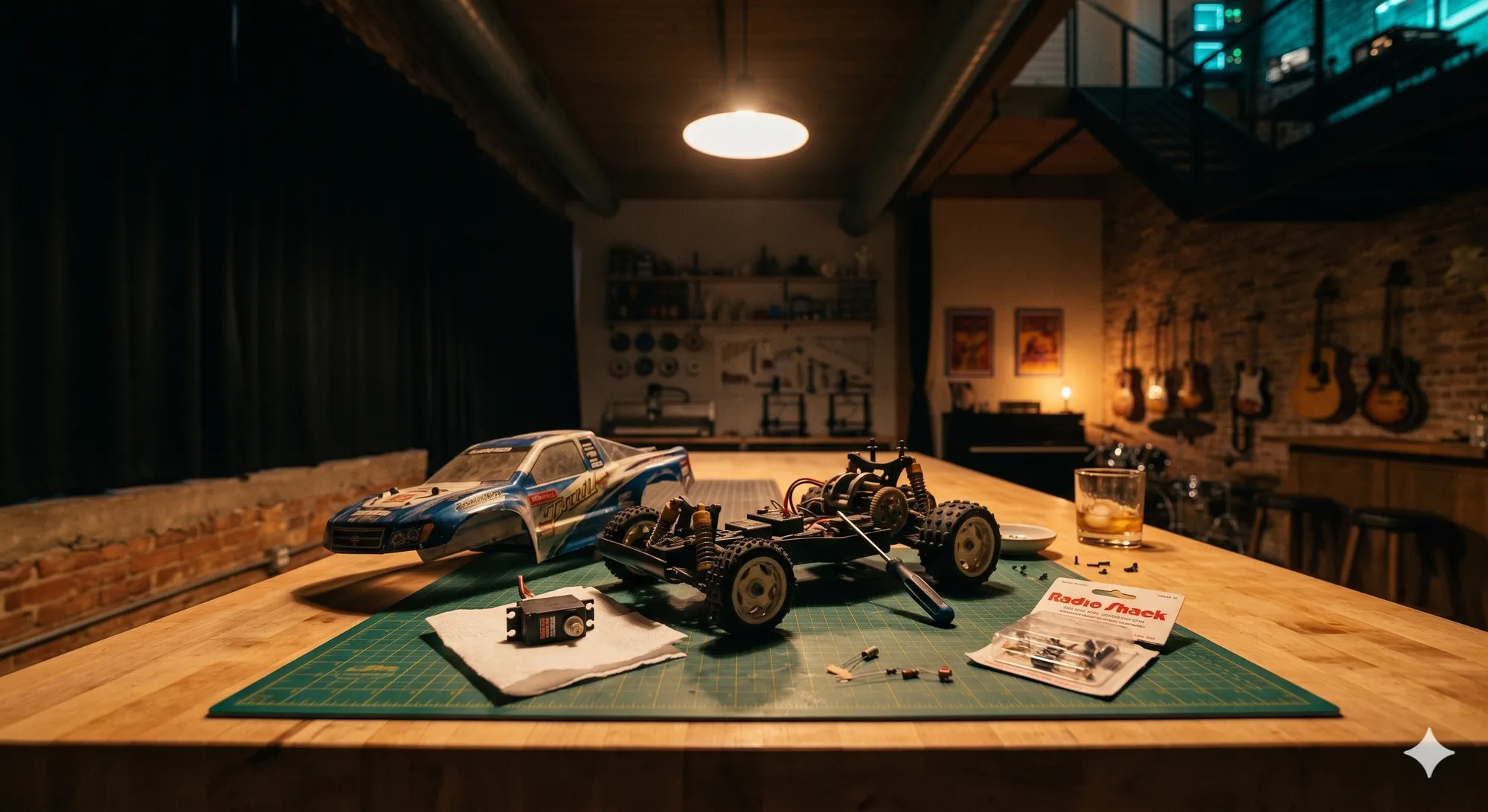  RC car halfway apart, Radio Shack parts on the mat, somebody walked away.