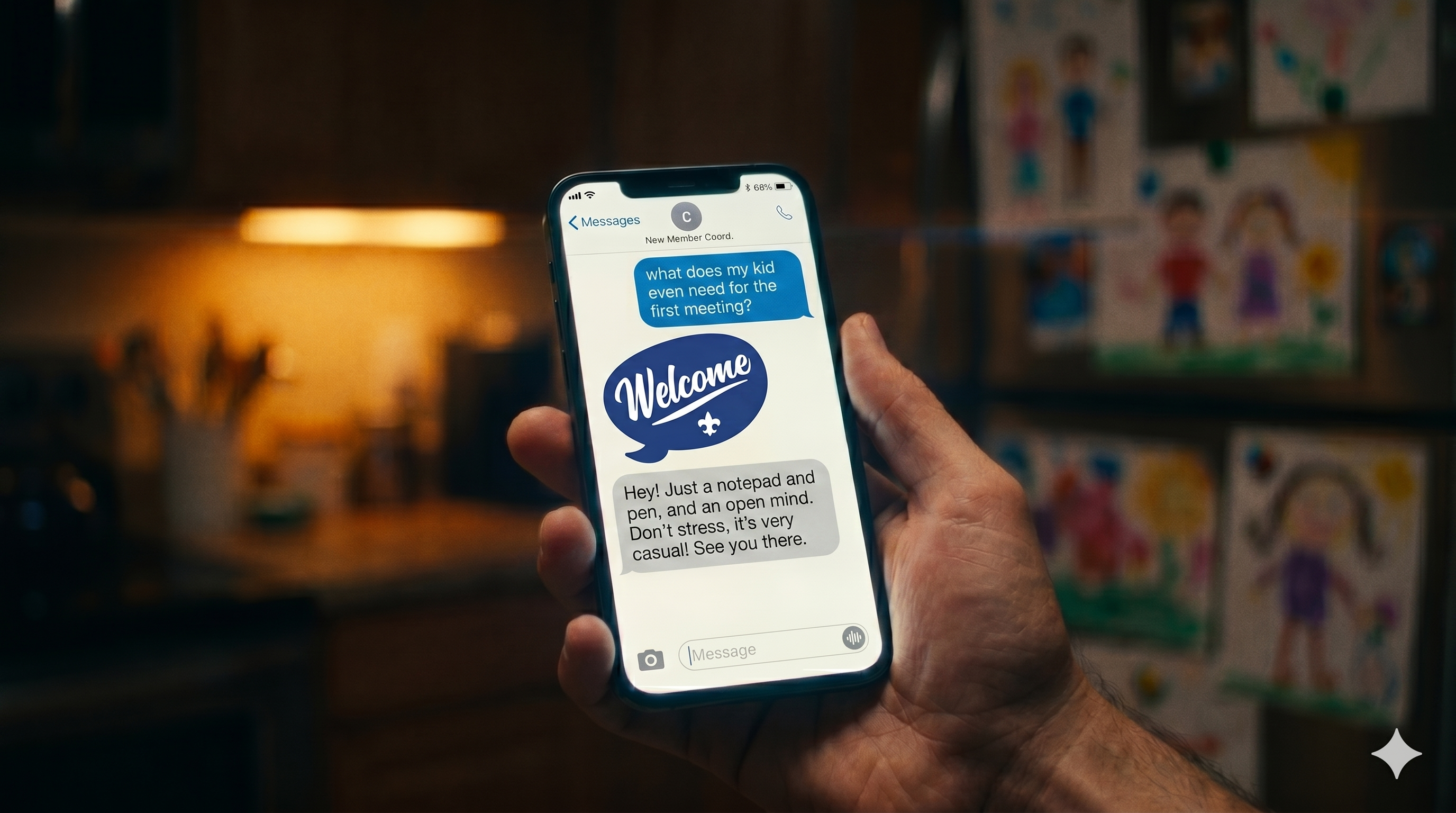 A parent’s phone in a dim kitchen, a pack’s “Welcome” reply on the screen.