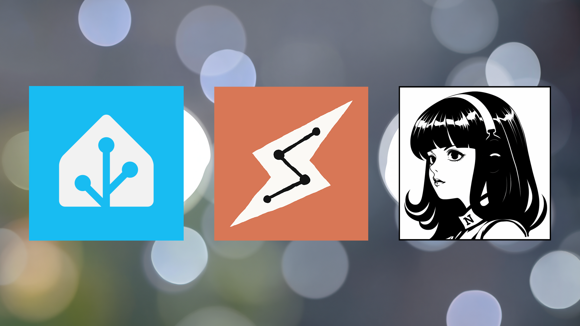 Three app icons over a soft bokeh background: the Home Assistant house mark, the Claude Cowork lightning-bolt mark, and a black-and-white manga-style illustration of a girl in headphones.
