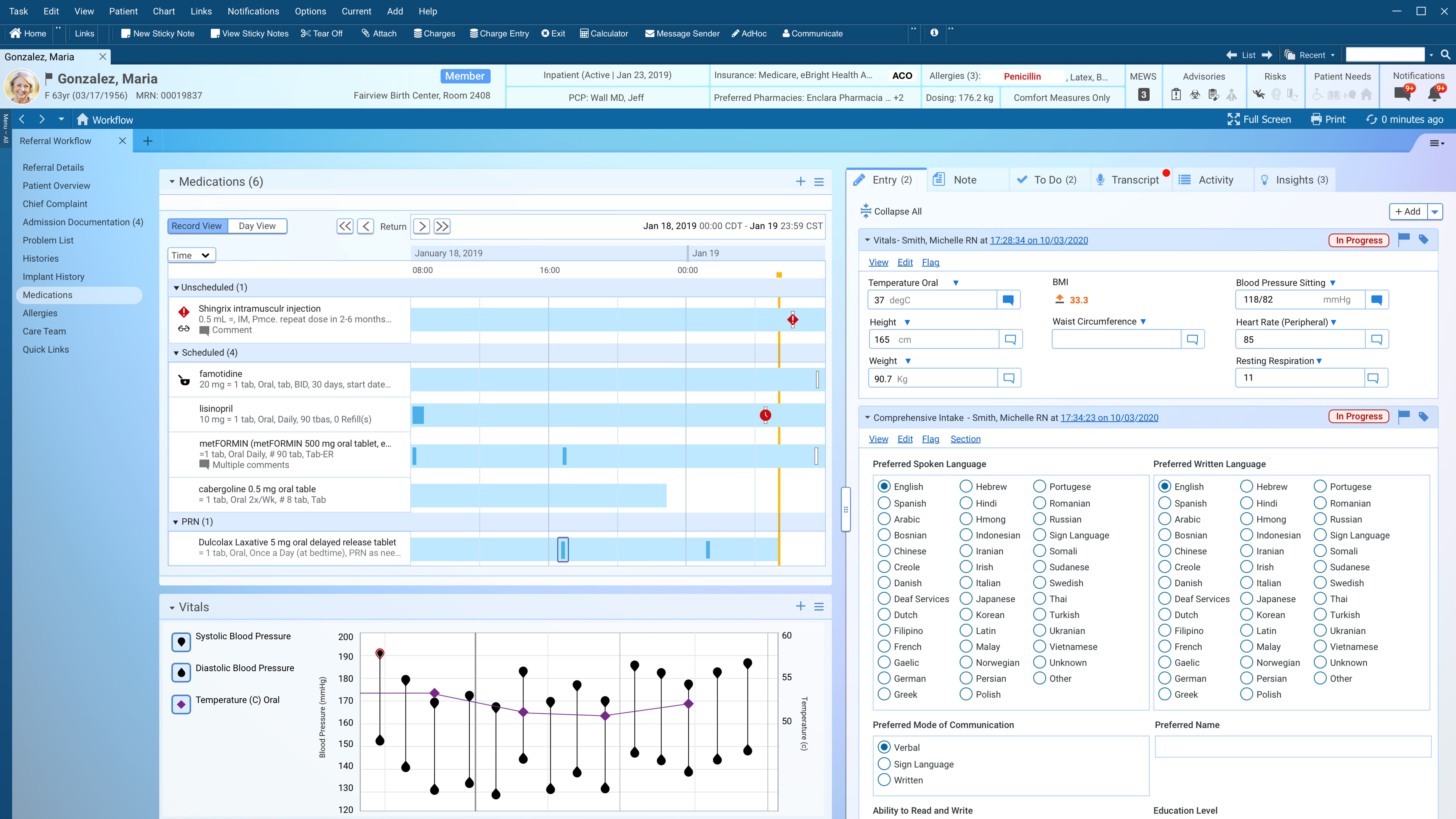 Cerner inpatient referral workflow: patient header, medications timeline, vitals chart, and a comprehensive intake form with language and communication preferences.
