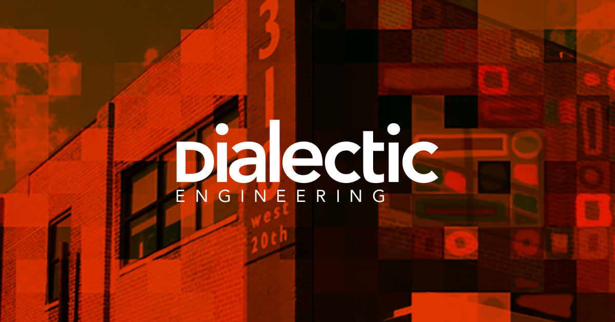 The Dialectic wordmark: 'Dialectic' in teal with a custom reversed 'D', 'ENGINEERING' in orange beneath it, and 'FORMERLY LARSON BINKLEY' set small below.