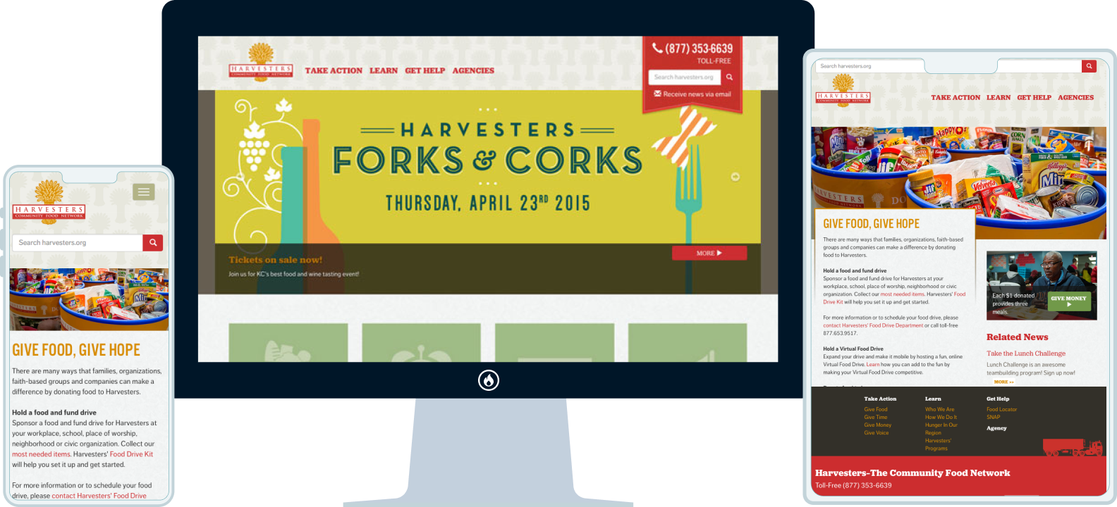 The Harvesters site shown across a desktop monitor, tablet, and phone: the give-food homepage with the Get Help band above Donate on the monitor, and the responsive layout carried through on the tablet and phone.