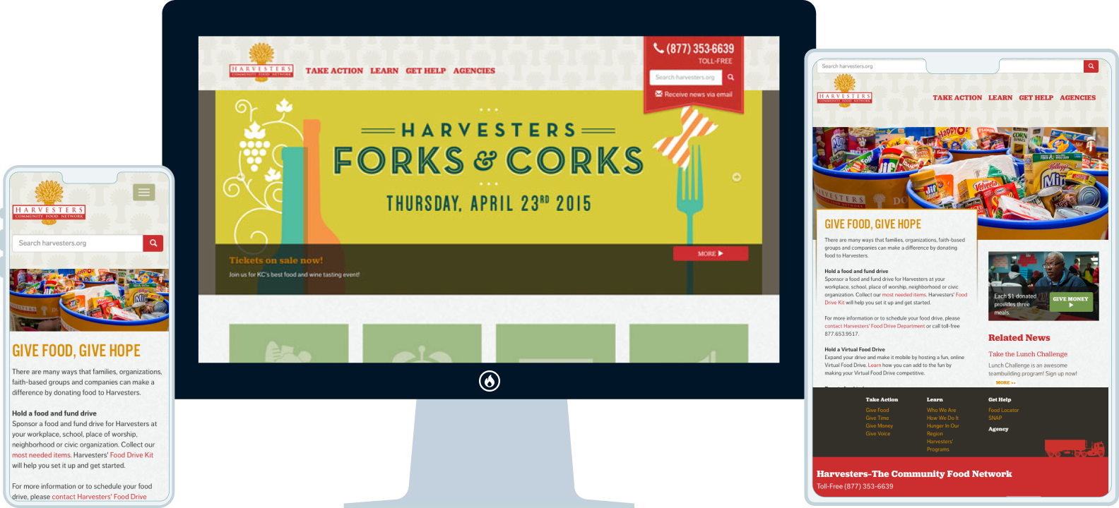 The Harvesters site shown across a desktop monitor, tablet, and phone: the give-food homepage with the Get Help band above Donate on the monitor, and the responsive layout carried through on the tablet and phone.