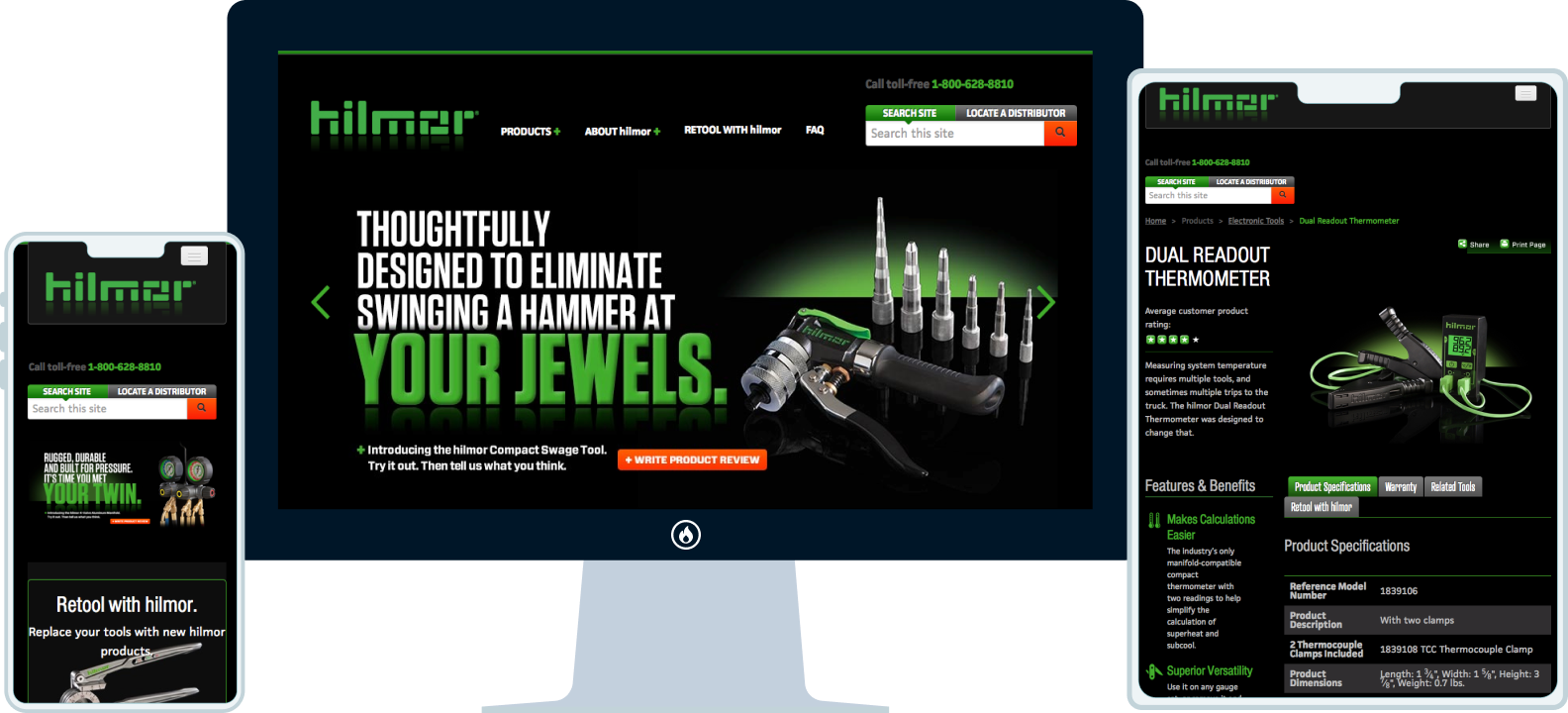 The Hilmor site shown across a desktop monitor, tablet, and phone: the black-and-acid-green 'thoughtfully designed to eliminate swinging a hammer at your jewels' homepage on the monitor, a product page on the tablet, and the Retool blog on the phone.