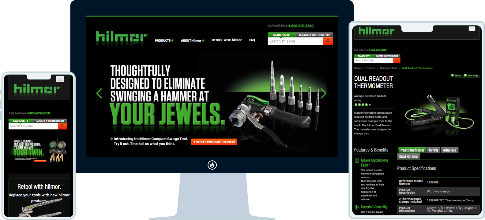 The Hilmor site shown across a desktop monitor, tablet, and phone: the black-and-acid-green 'thoughtfully designed to eliminate swinging a hammer at your jewels' homepage on the monitor, a product page on the tablet, and the Retool blog on the phone.
