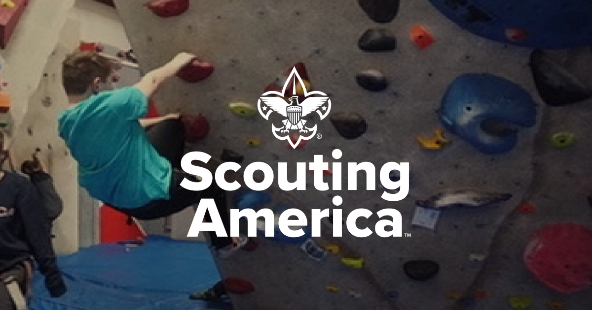 The Scouting America logo lockup over a photo of a Scout bouldering: a kid in a teal shirt reaching for the next hold on an indoor climbing wall studded with colored grips, a blue crash pad on the floor below.
