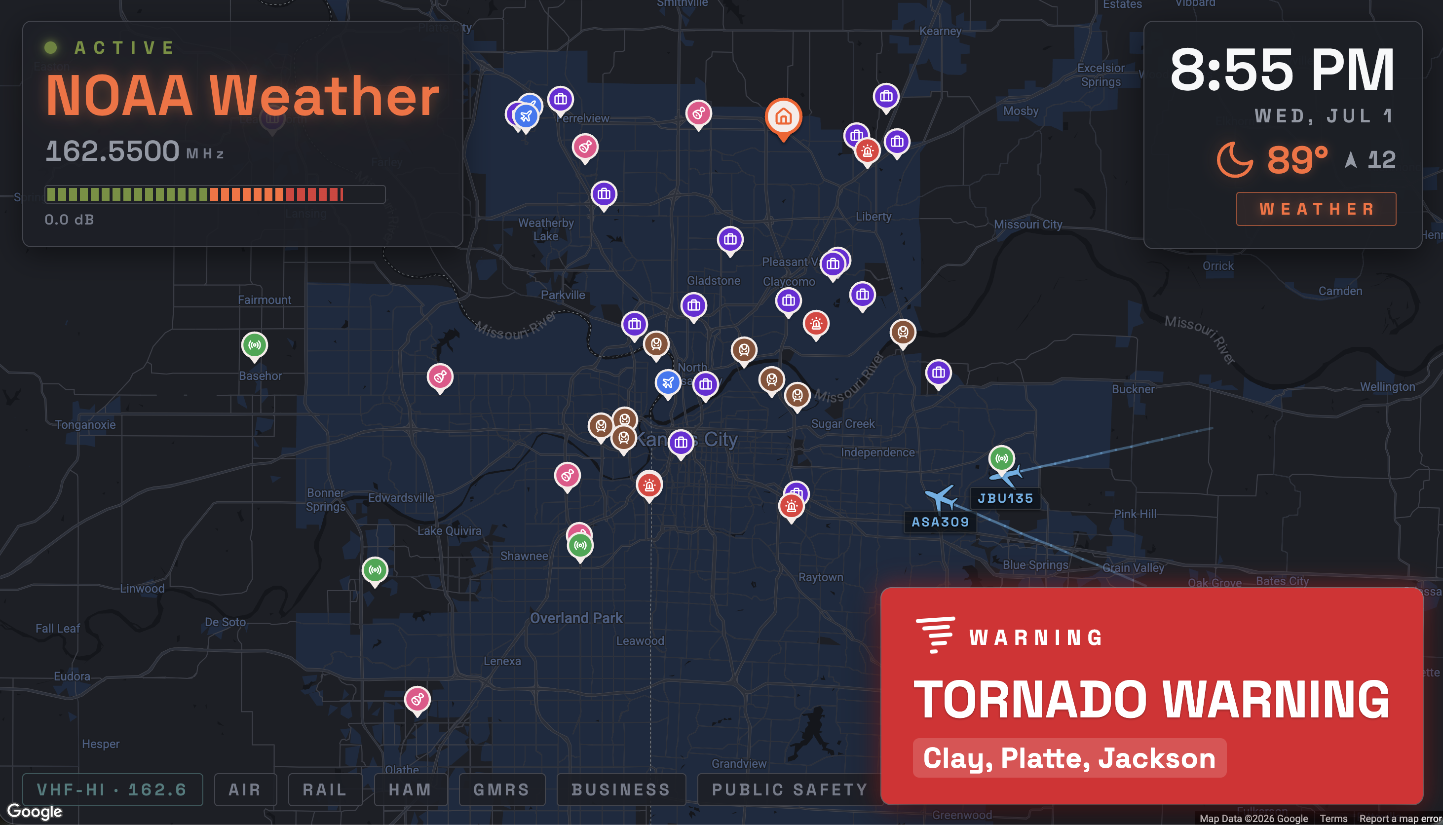 The kiosk showing a decoded weather alert: a red TORNADO WARNING banner in the lower-right naming the affected counties (Clay, Platte, Jackson), over the live radio map, with the NOAA Weather scanning panel top-left tuned to 162.5500 MHz.
