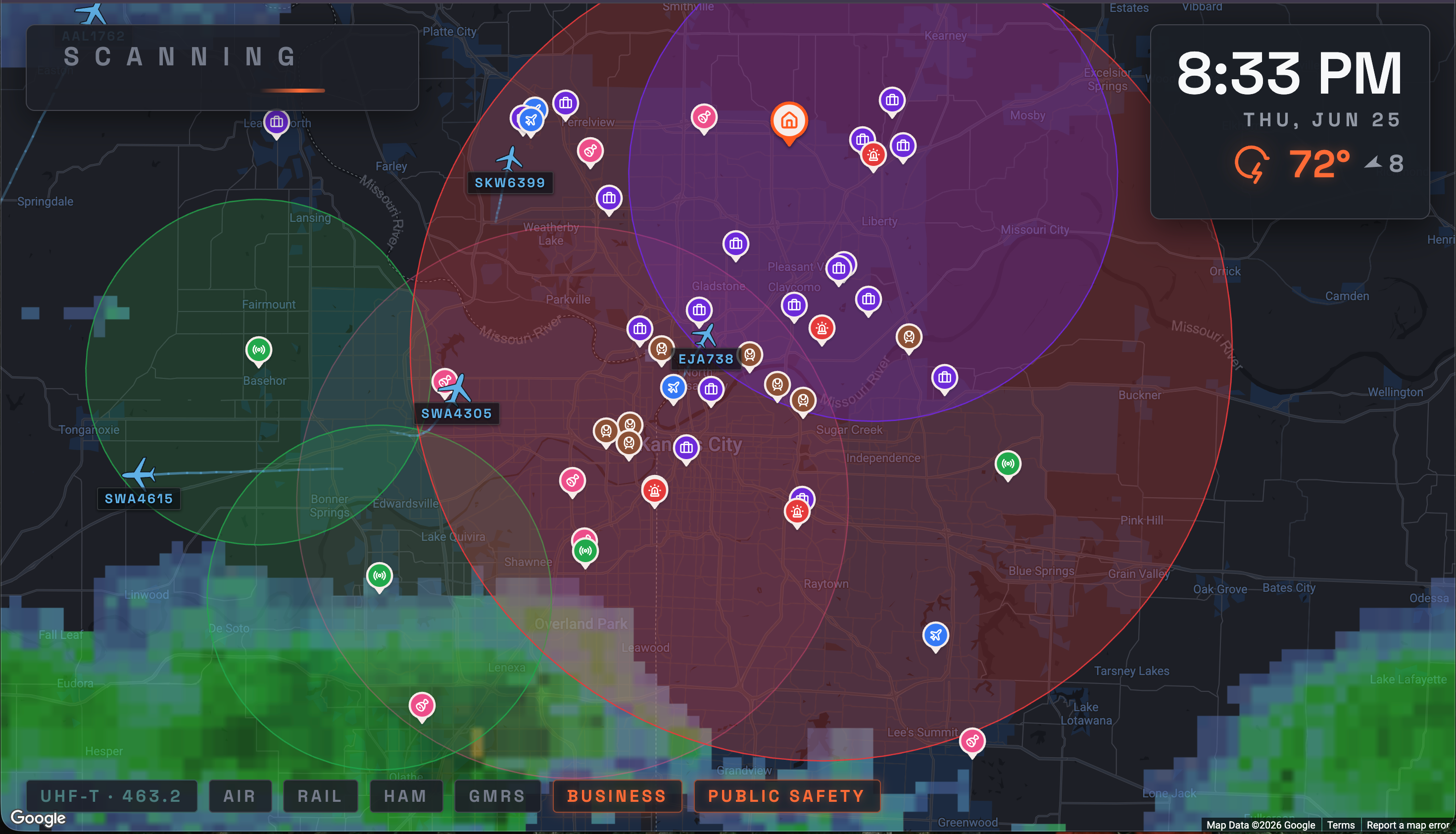The Kerchunk Kiosk dashboard: a dark map of the Kansas City metro at 8:33 PM, 72 degrees, scattered with service-colored radio pins, ADS-B aircraft tracks tagged with flight numbers, and weather radar bleeding across the southwest.
