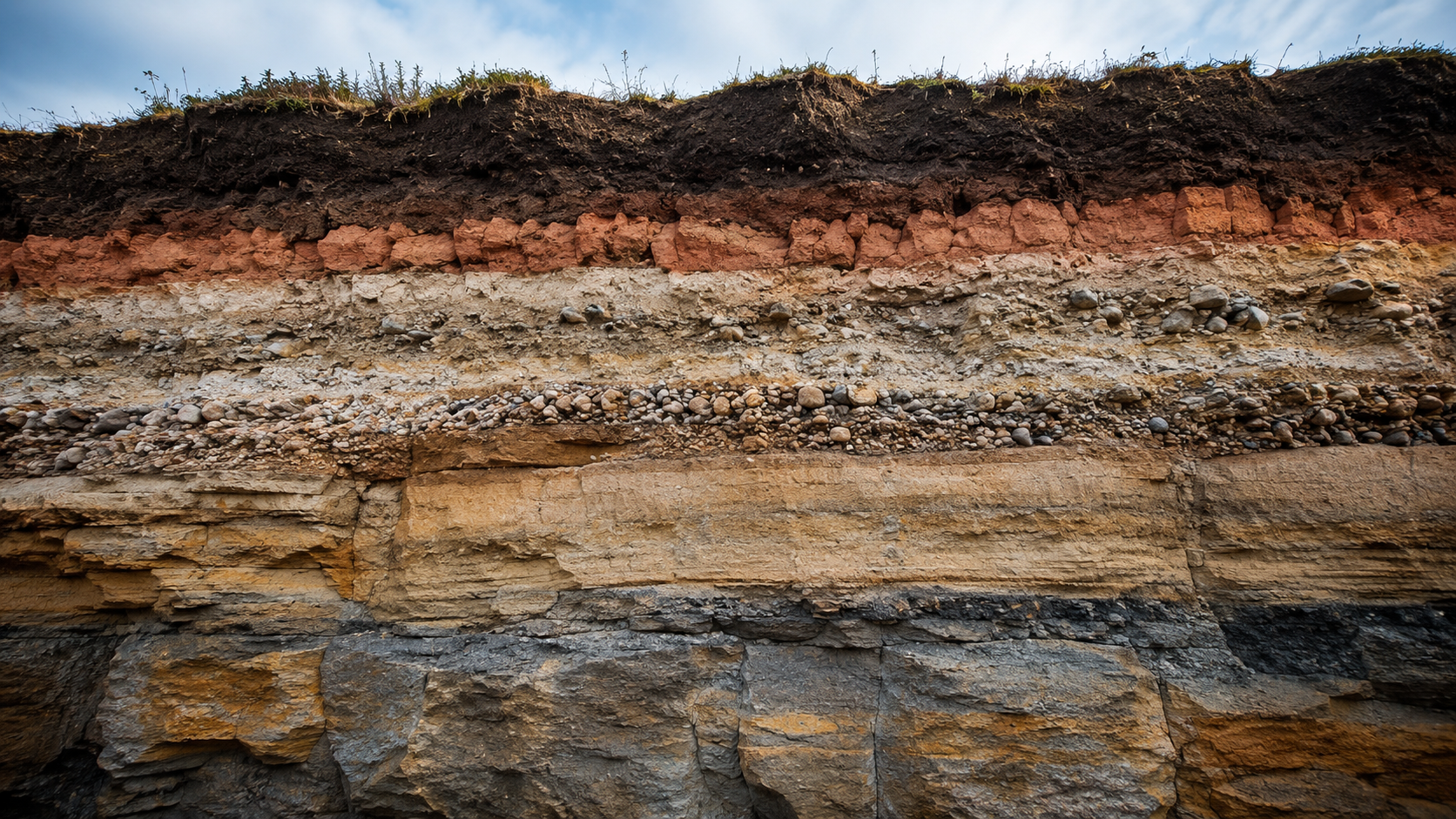 Stylized cross-section of layered earth: universal, domain, component, and role strata, each a band feeding down toward a shared base.