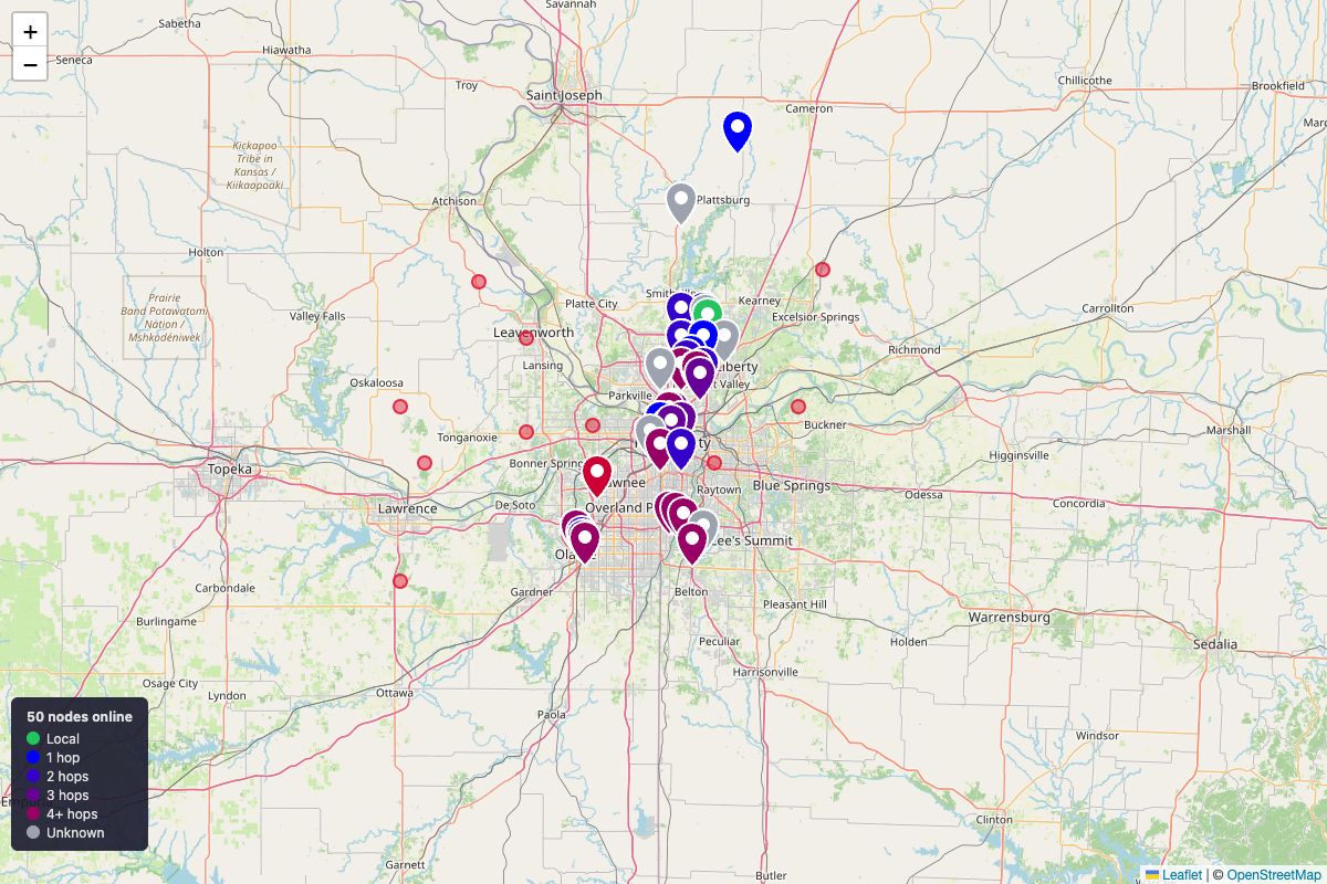 The Kansas City Mesh coverage map: 50 mesh nodes online, clustered across the metro from Overland Park and Olathe up through Liberty and out to Lee’s Summit, colored by hop count.