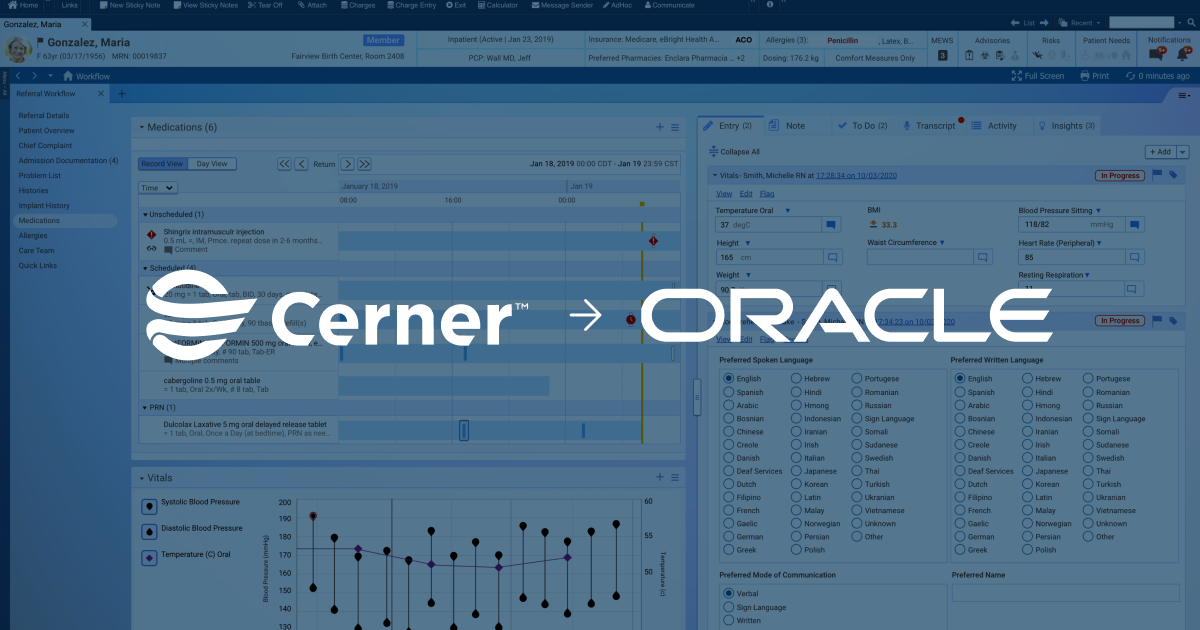 Cerner inpatient referral workflow: patient header, medications timeline, vitals chart, and a comprehensive intake form with language and communication preferences.