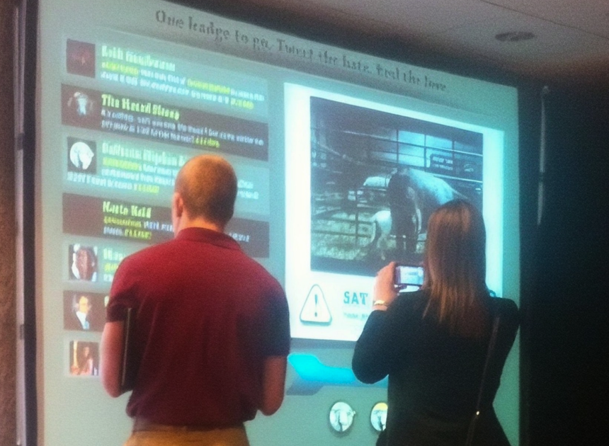 Two attendees look at the projected Hated Sheep Project screen; one photographs it with a phone.