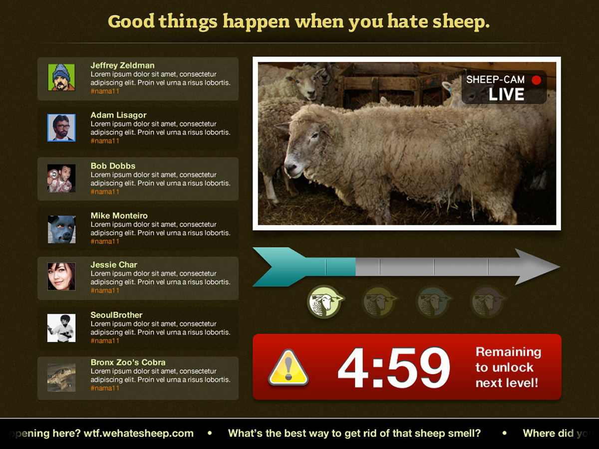 A mockup of The Hated Sheep Project screen: a column of attendee tweets, a sheep-cam image, a progress arrow, and a countdown to the next unlock.