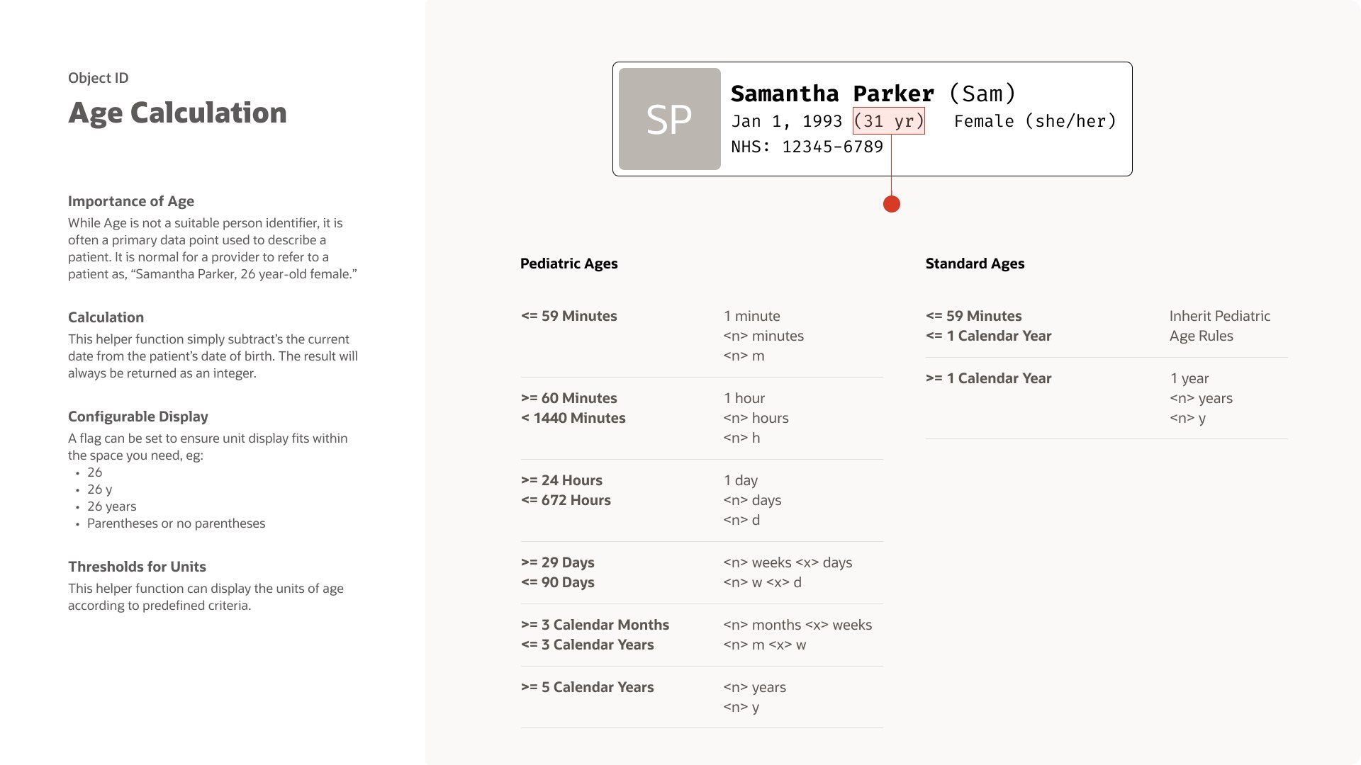 Object ID age-calculation rules: pediatric and standard age thresholds spanning minutes, hours, days, weeks, months, and years.