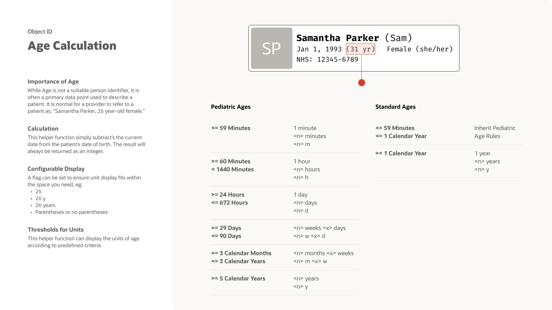 Object ID age-calculation rules: pediatric and standard age thresholds spanning minutes, hours, days, weeks, months, and years.