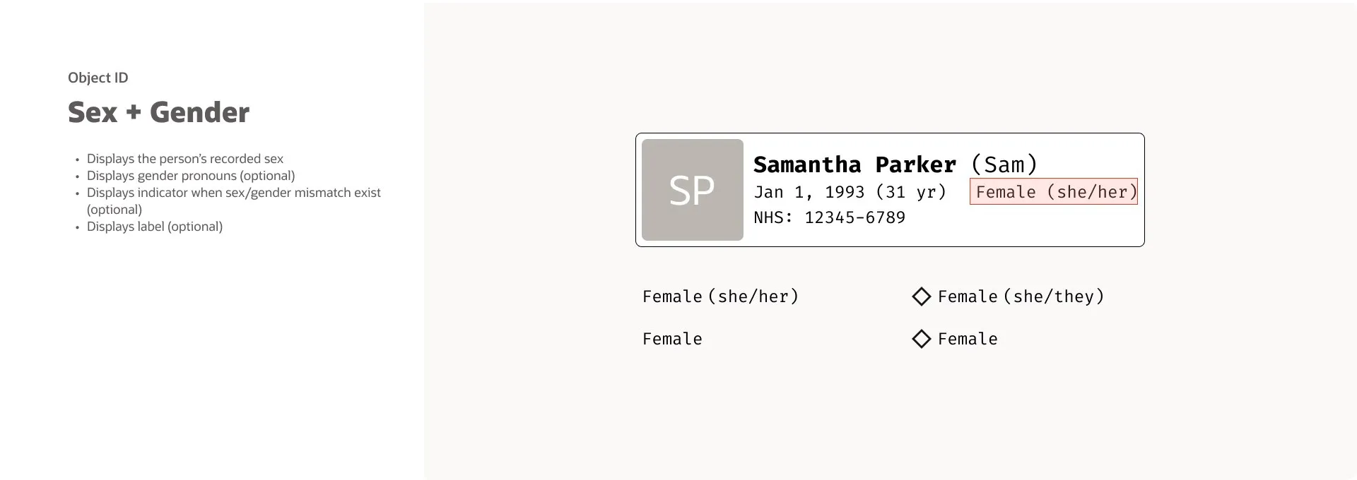Object ID sex and gender display: a patient card highlighting the sex and pronouns field, with optional displays for label, mismatch indicator, and pronouns.