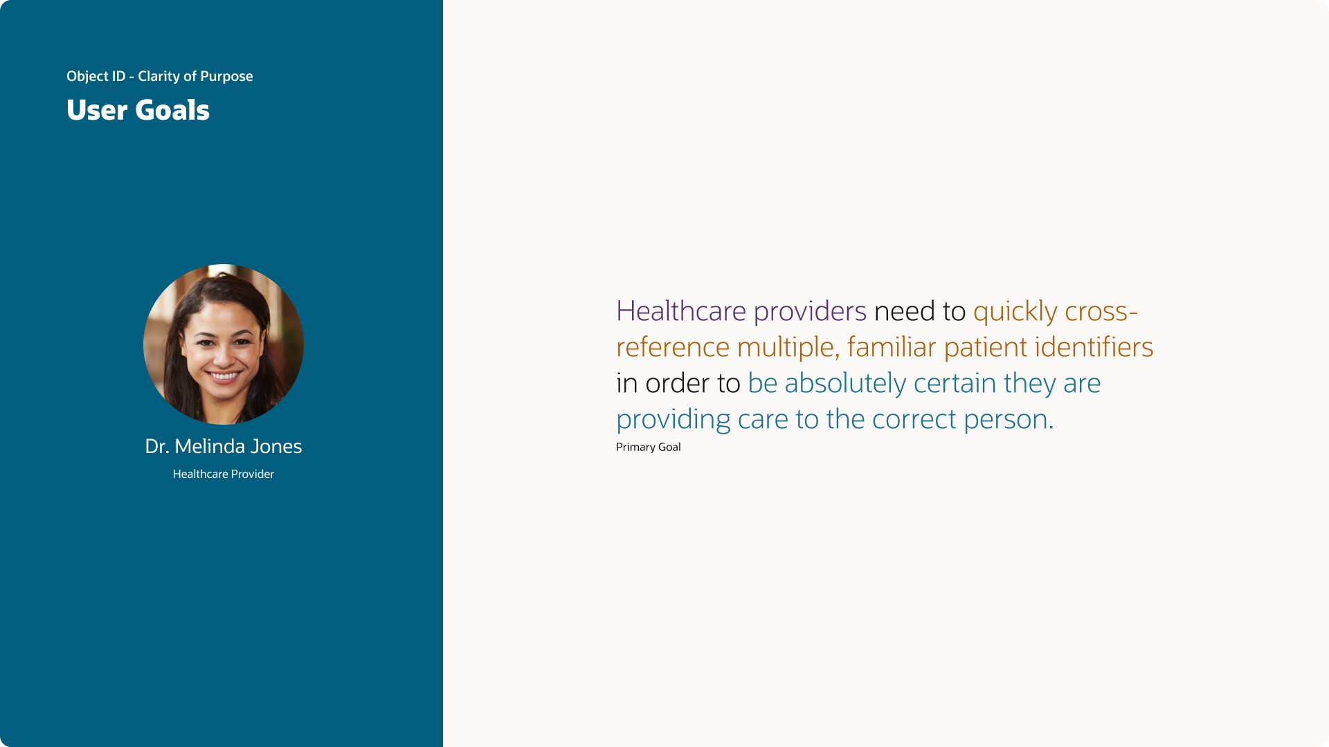Object ID user-goal slide: a persona, Dr. Melinda Jones, a healthcare provider, with the primary goal that providers need to quickly cross-reference multiple familiar patient identifiers to be certain they are caring for the correct person.