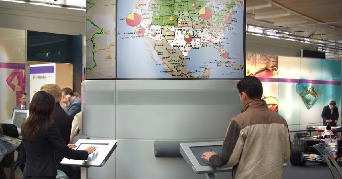 Concept image of visitors using touchscreen kiosks beneath a display showing tracked trucks.