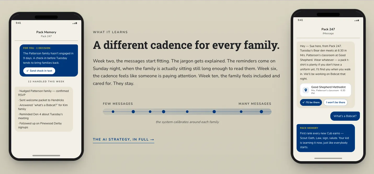 Two phones showing the same pack’s messages at different cadences, one family getting a few, another getting many.