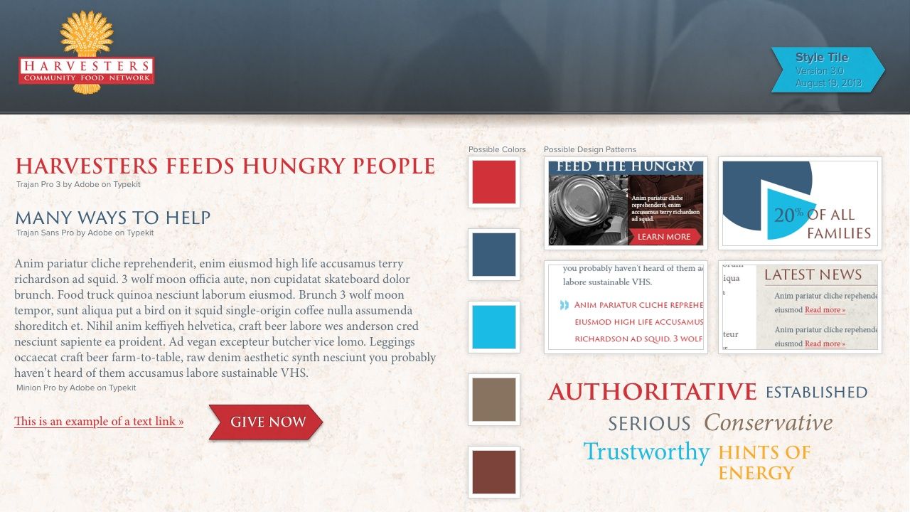 Style tile round three: restrained red and navy, the words AUTHORITATIVE and ESTABLISHED, Trajan display type.