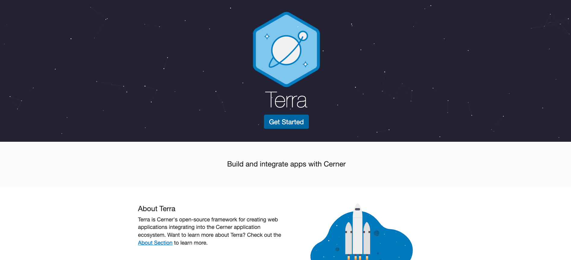 Terra design system landing page: hexagonal Terra logo on a dark starfield with a 'Get Started' CTA, above an 'About Terra' section.