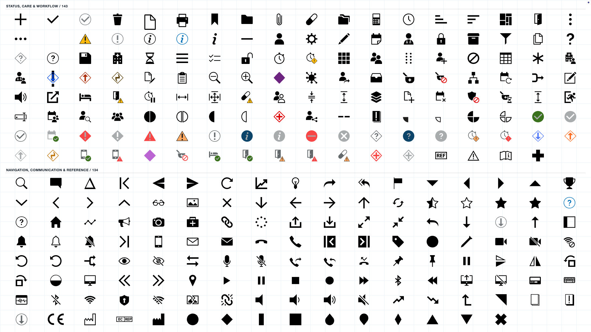 Excerpt from the One Cerner Style icon library: status, care and workflow icons in the upper section, navigation, communication and reference icons below.