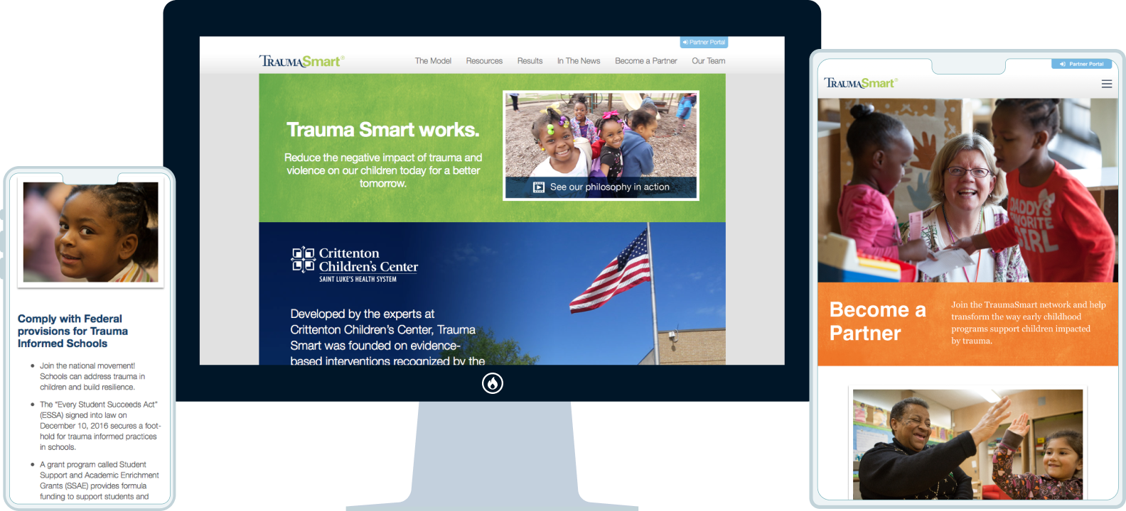 The Trauma Smart site shown across a desktop monitor, tablet, and phone: the 'Trauma Smart works' homepage on the monitor, a Resources page on the tablet, and the Become a Partner page on the phone.