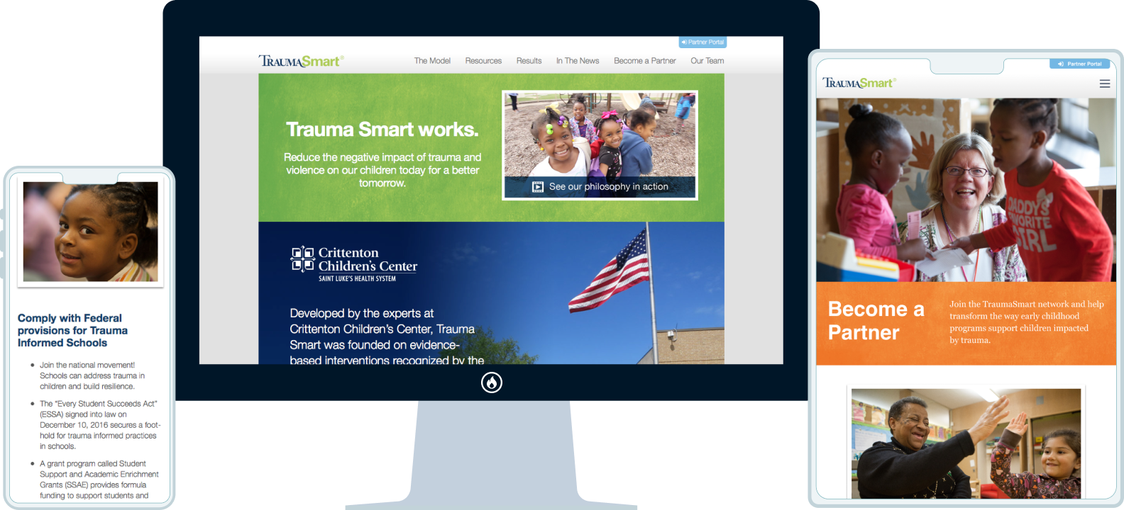 The Trauma Smart site shown across a desktop monitor, tablet, and phone: the 'Trauma Smart works' homepage on the monitor, a Resources page on the tablet, and the Become a Partner page on the phone.
